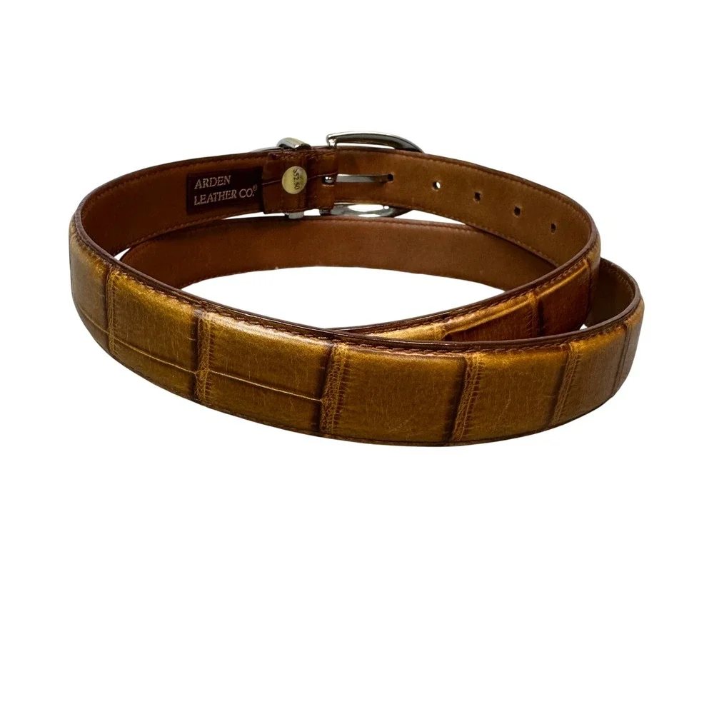 Arden Leather Co Mens Tan Italian Croco Calfskin Belt Silver Gold Buckle Size 42